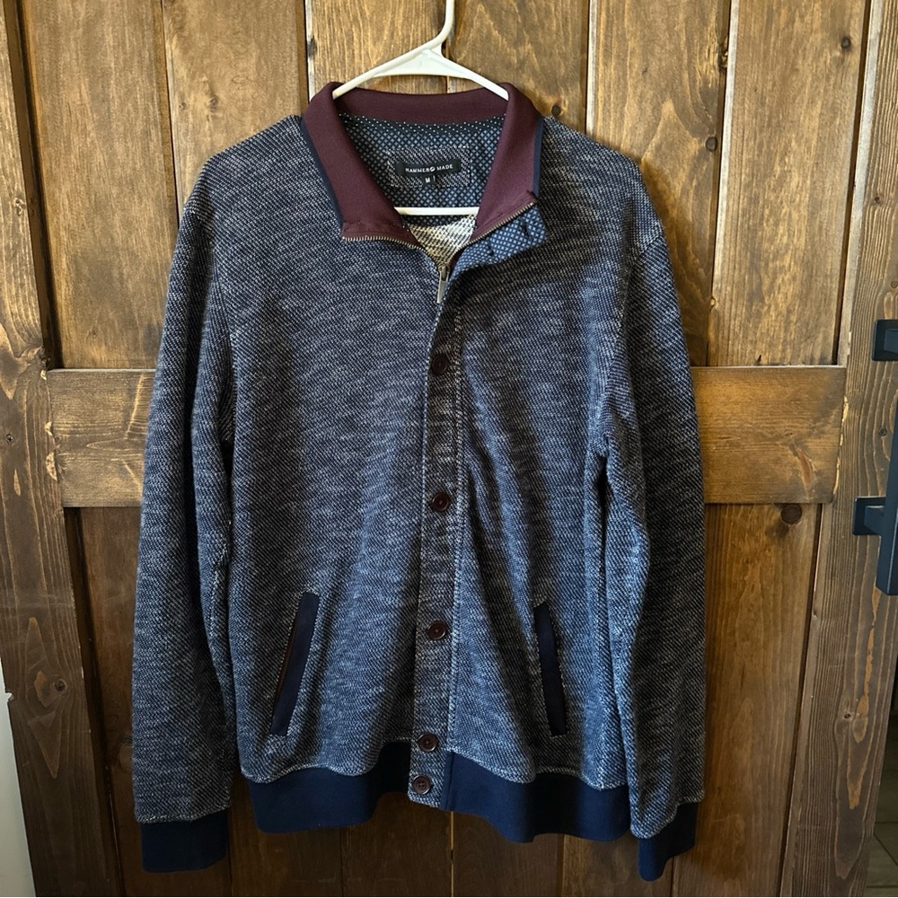 Men’s Hammer Made Blue/Grey/Burgundy Knit Sweater Jacket Size M